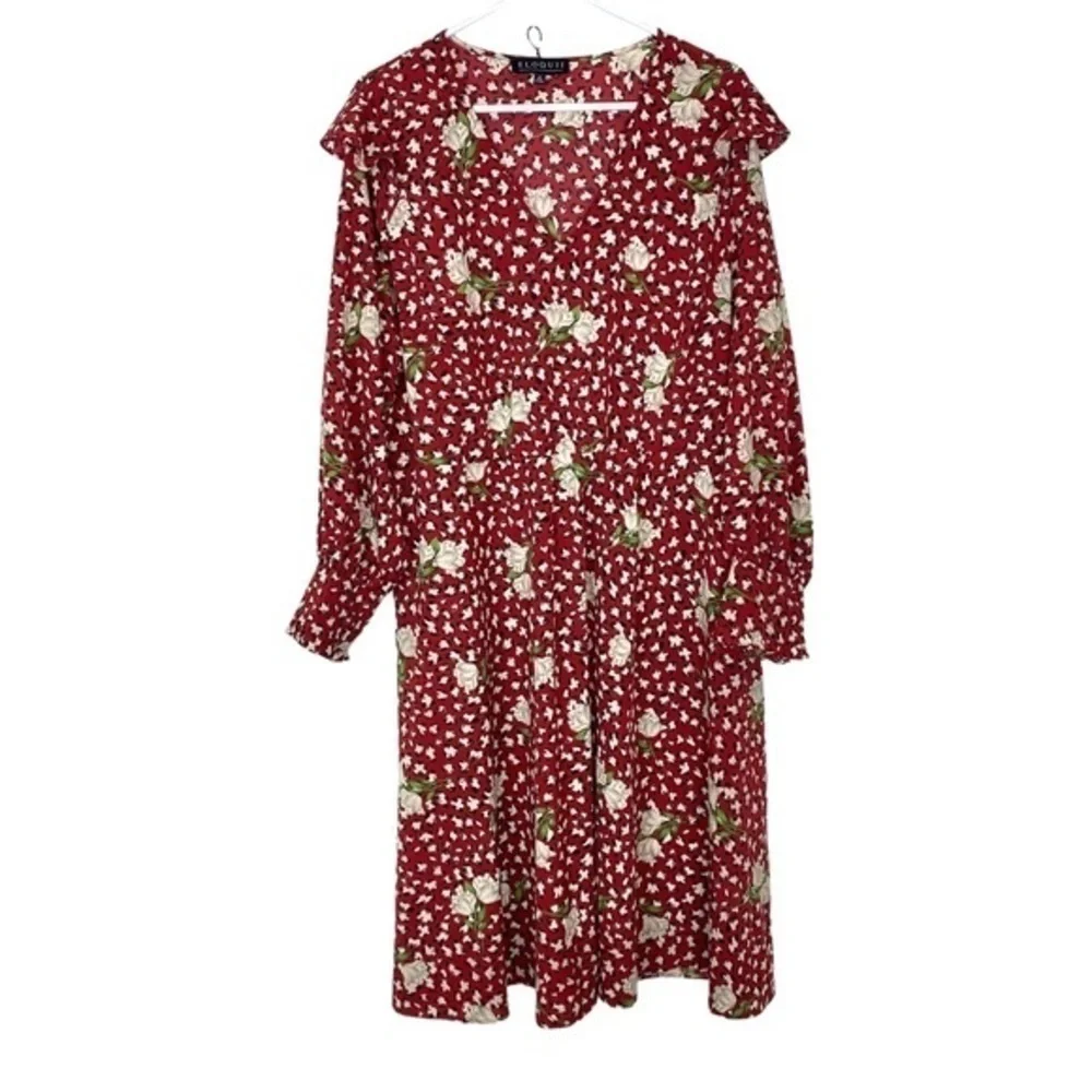 Eloquii red & white rose Ruffle V-neck floral polka dot retro midi dress 18 plus